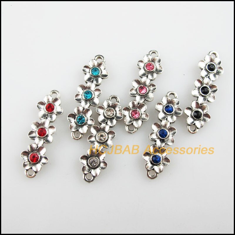 12 3-Flower Charms Tibetan Silver Color Crystal Mixed Connectors 8.5x28mm