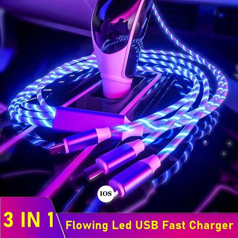 Tongdaytech 3 In 1 Usb Fast Charger Kabel Vloeiende Kleuren Led Glow Usb Carregador Portatil Voor Iphone Xiaomi Samsung Smartphone