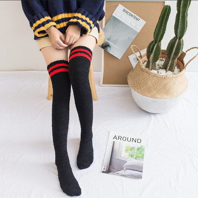 Women's Knee Socks Winter Coral Fleece Knee-socks Long Over Knee Cute Stockings Thick Warm Striped Socks: Black and red stripe