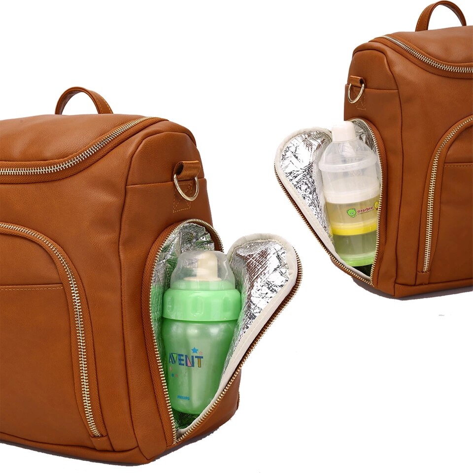 Pu læder baby ble blege taske rygsæk + puslepude + klap stropper + isolering taske + kosmetik taske