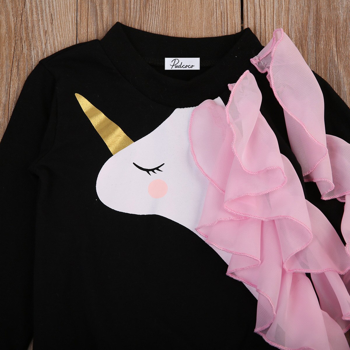 Cute Newborn Baby Girls Long Sleeve 3D Unicorn Pink Lace Ruffle Long Sleeve Black Tops T shirt Clothes