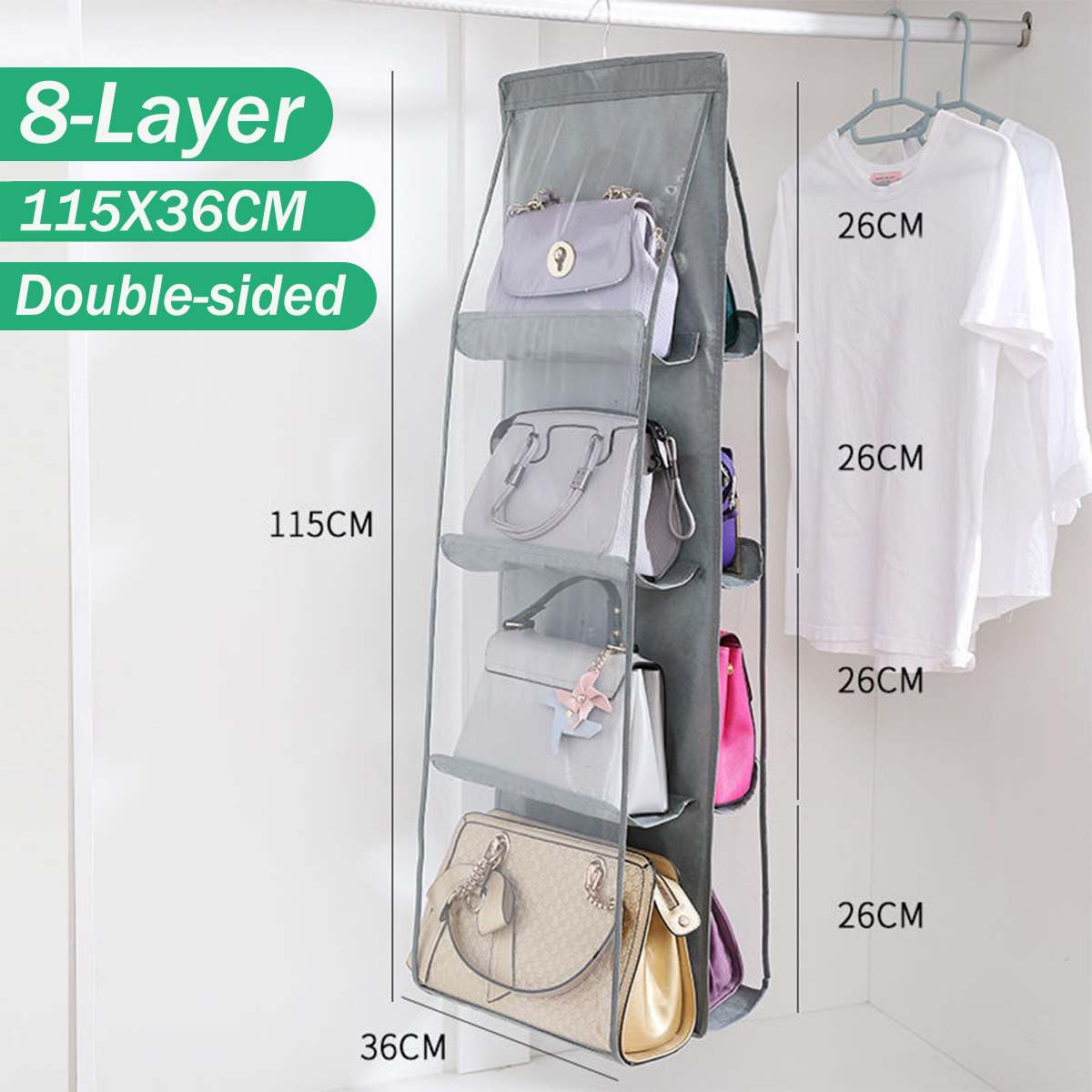 8 Pocket Handbag Storage Bag Purse Tote Bag Folding Hanging Clear Double-Sided Foldable Wardrobe Organizer Closet Hanger: Gray
