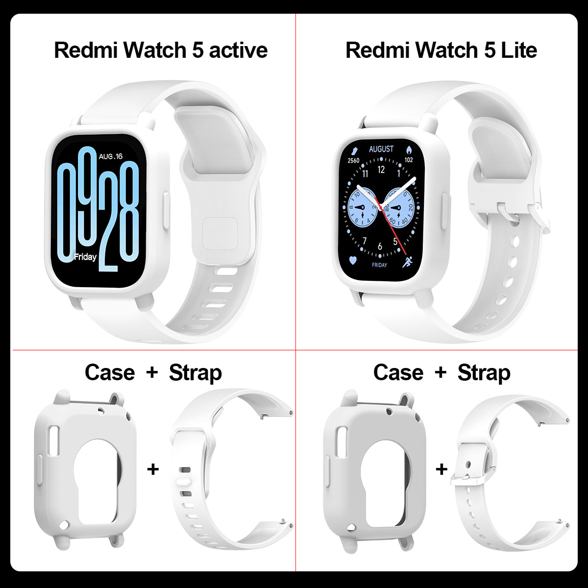 2pcs/set Stylish Band+Case For Redmi watch 5 Active Sport SmartWatch WristBand For Redmi watch 5 Lite Bracelet Band: XS / WHITE