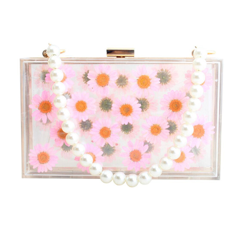 Women Acrylic Sunflower Printed Clear Purse Transparent Crossbody Bag Through Handbags Evening Clutch Events Approved: Pink Bead Strap