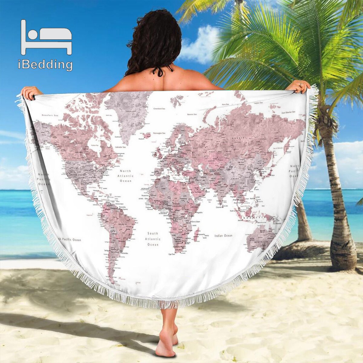 3D Vintage Monde L'île Carte du Monde Couverture de Plage En Microfibre Imprimé 150cm Serviette de Plage Ronde avec Des Glands POD Directe