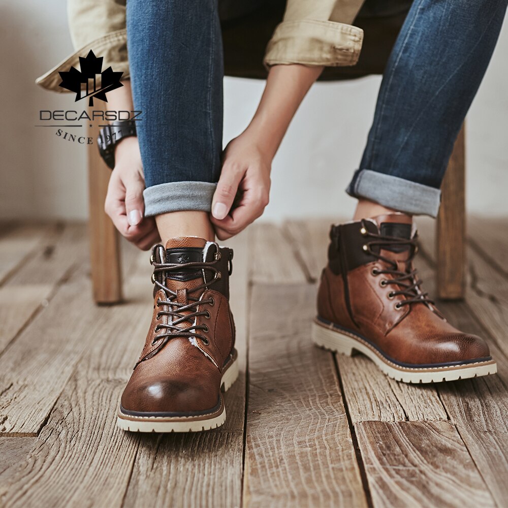 DECARSDZ-Botas de nieve cálidas y cortas para hombre, zapatos a la , con cordones, de piel sintética, para invierno,