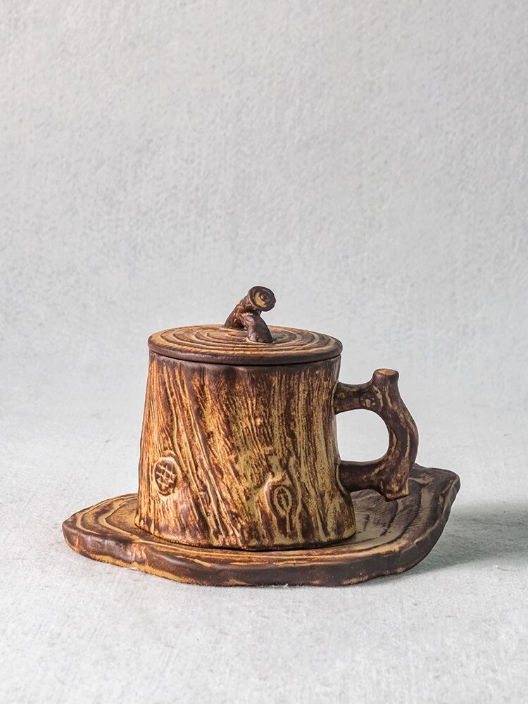 Handmade stoneware coffee mugs cup household coffee mugs with handles retro art garland cup Japanese tree stump-shape