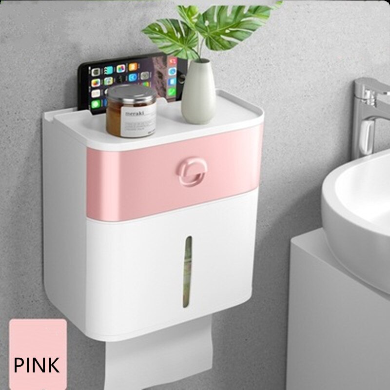 Self-Stick Waterproof Wall Toilet Paper Box Toilet Paper Towel Rack Toilet Household Pumping Free Punch Box Home: Pink
