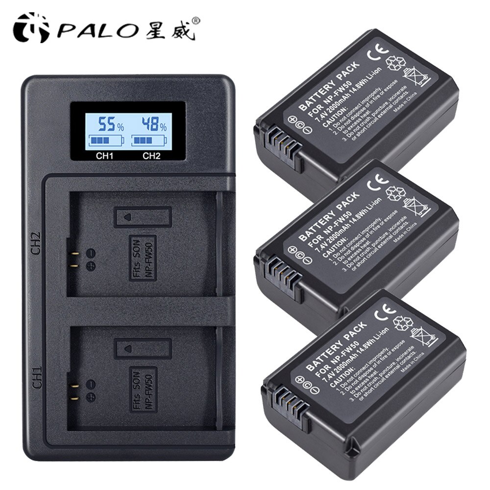 PALO-Batería de 2000mAh NP-FW50 NP FW50 NPFW50 Akku + LCD Dual para Sony Alpha a6500 a6300 a6000 a5000 a3000 NEX-3 a7 7R a7R a7R II: 3PCS and charger
