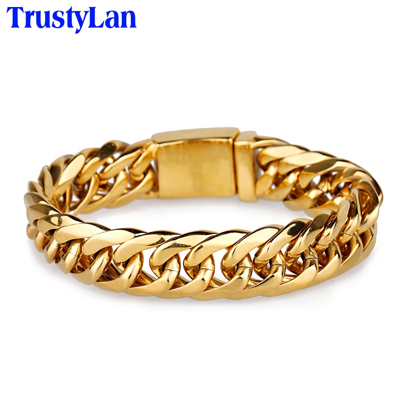 TrustyLan Never Fade Golden Bracelet Men Luxury Thick Chain Men's Bracelets & Bangles 316L Stainless Steel Jewelry Armband