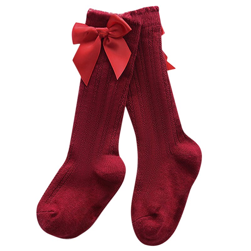 Baby Meisjes Sokken Leuke Boog Knoop Knie Hoge Kinderen Buis Sokken Ademend Effen Kleur Kinderen Sokken: Wine red / 2-4year