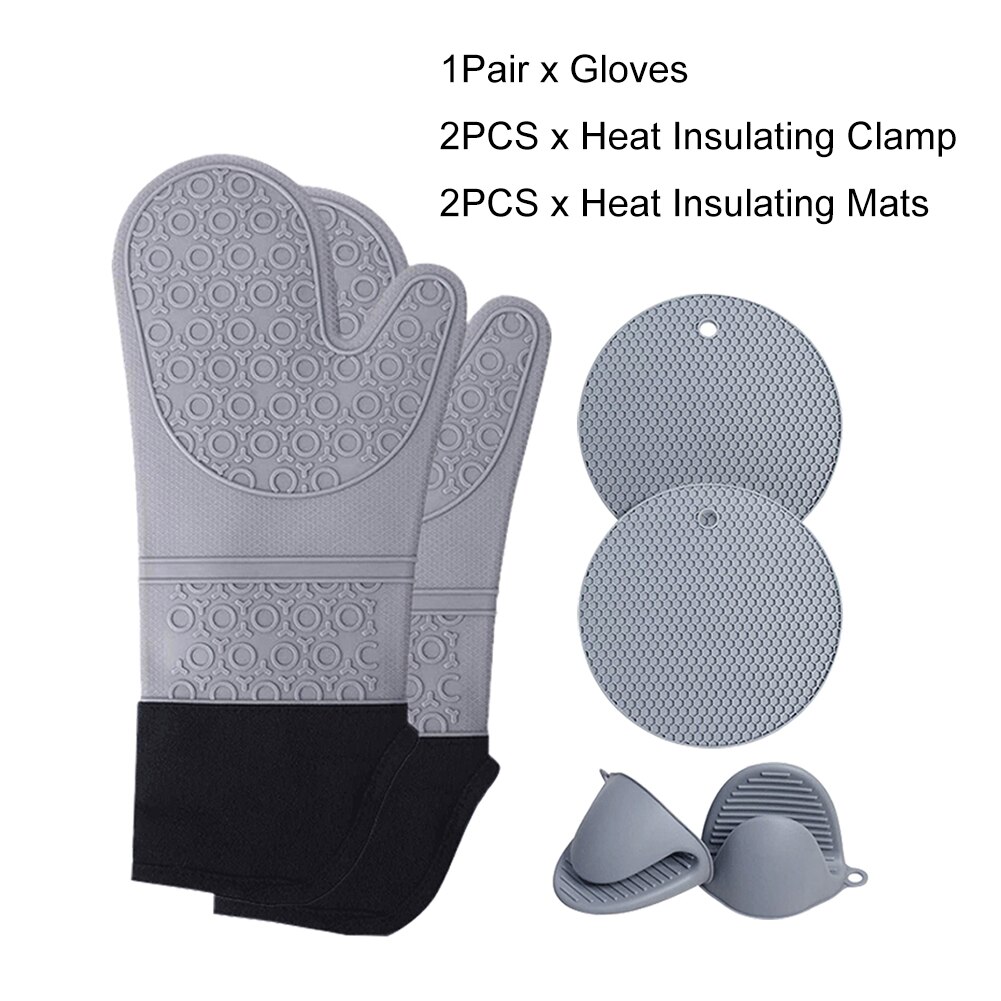 3pcs Anti Scald Cooking Easy Clean Oven Mitt Set Baking Waterproof Long Gloves BBQ Potholder Table Mat Grilling Soft Silicone