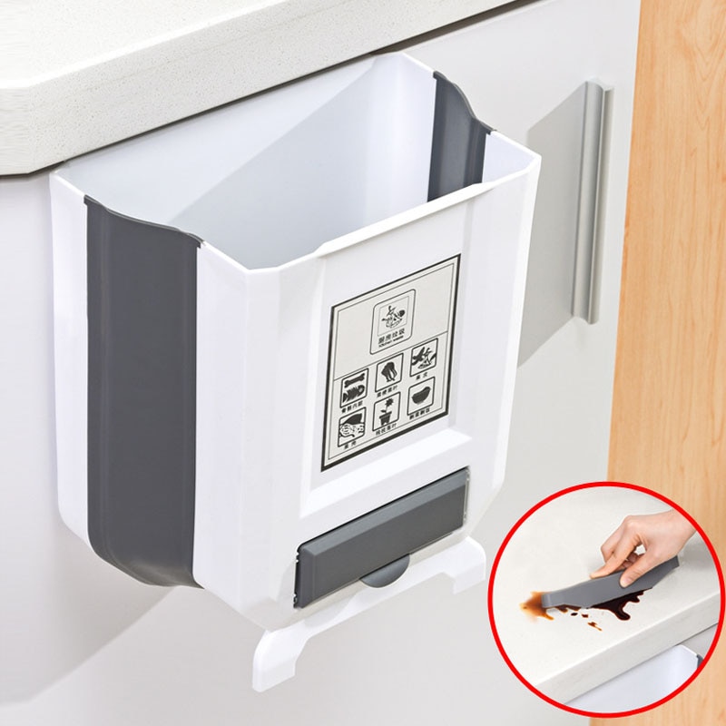 Bathroom Kitchen Waste Storage Folding Waste Bin with Drawer Cabinet Door Hanging Trash Bin Trash Can Foldable Trashcan HM018