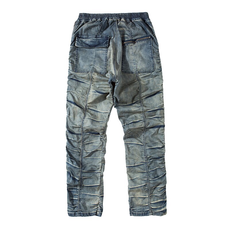 Harajuku Retro Ruched Side Zipper Jeans Men Straight Washed Streetwear Denim Trousers Elastic Wasit Hip Hop Mens Jeans Pants