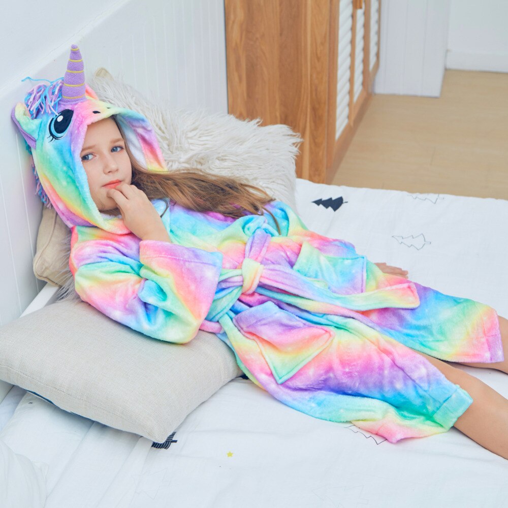 Unicorn regnbåge badrockar för flickor pyjamas långa ärmar huva handduksrep för barn hemkläder varma nattkläder för barn