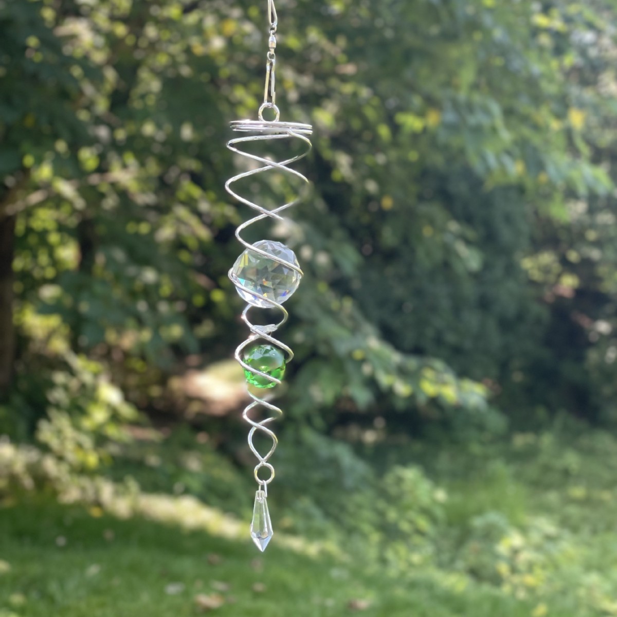 Gazing Ball Spiral Tail Wind Spinner Indoor Outdoor Decoration Stainless Steel Crystal Glass Ball with Hanging Swivel Hook: Dark Khaki