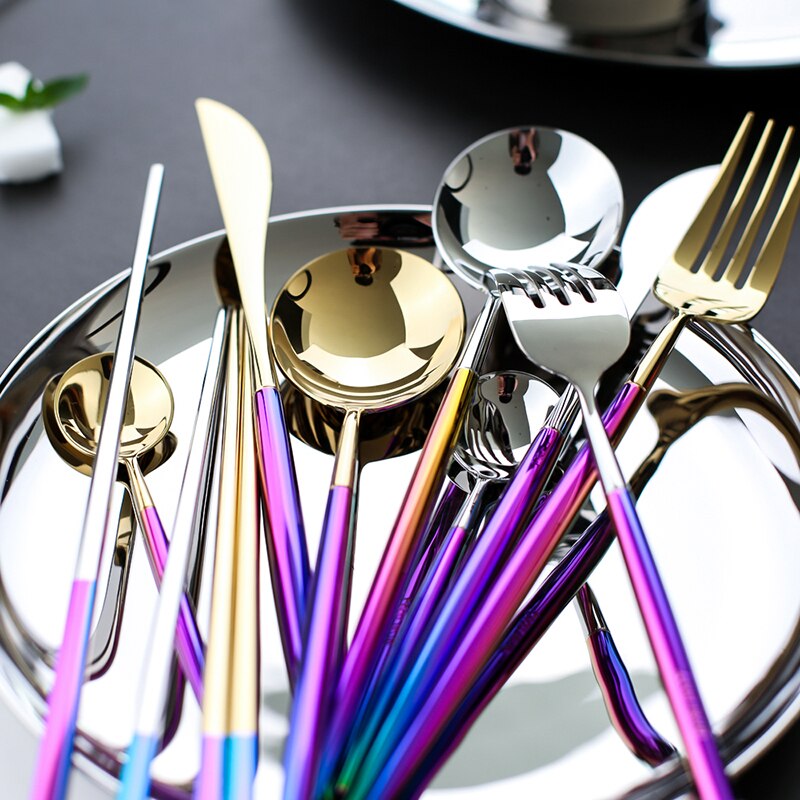 Färgglada bestick set rostfritt stål ätpinnar middag kniv sked gaffel tesked servis set jul silver fest