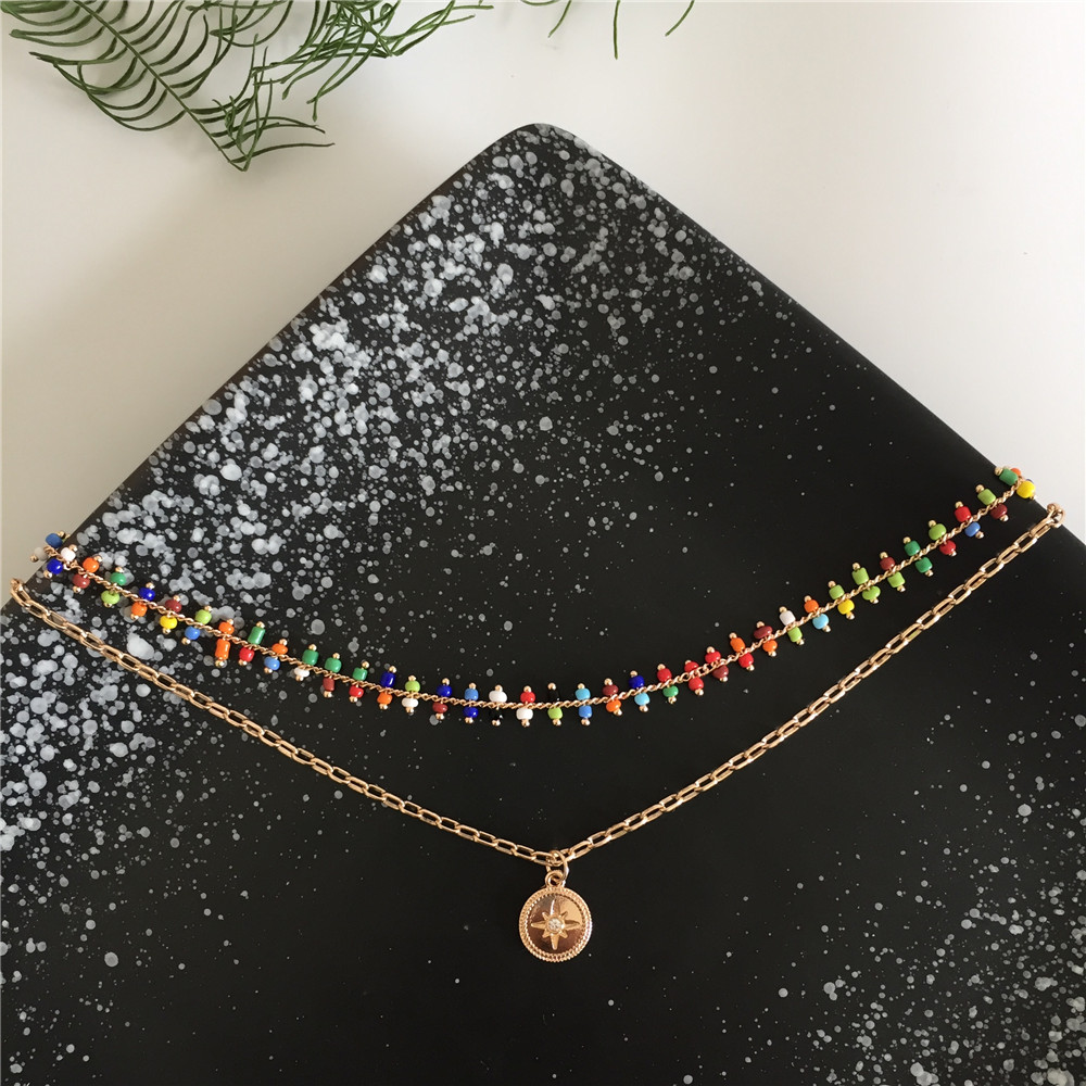 Chic Women Girl Pendant Necklace Gold Color Colorful Bead Europe Style Layered Necklace Christmas