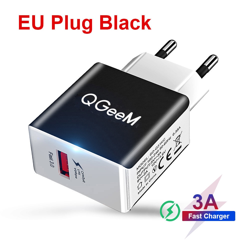 QGEEM-cargador USB QC 3,0, adaptador de carga rápida 3,0, dibujo de fibra, para iPhone, Xiaomi Mi9, UE, EE. UU.: EU Nobel Black