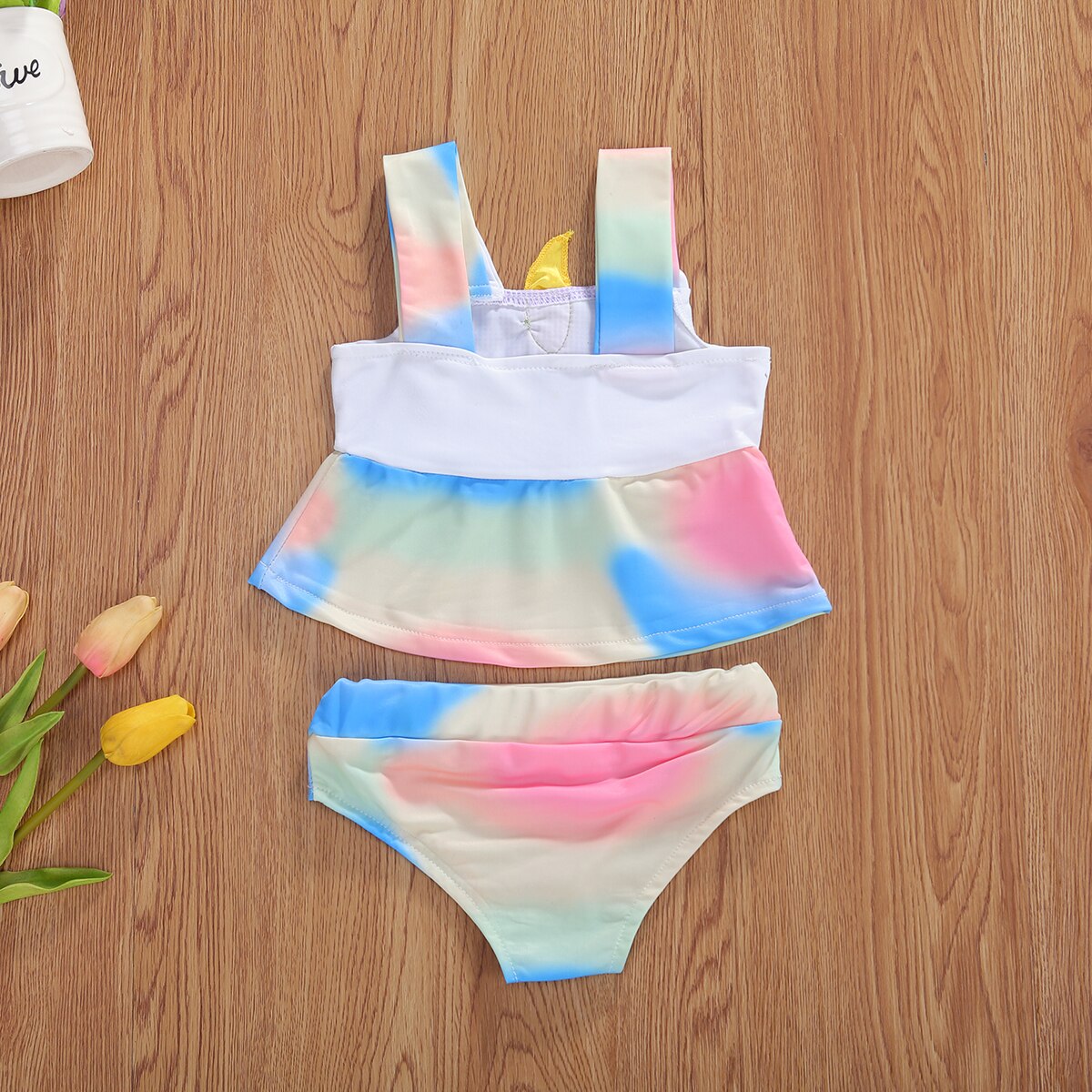 Sommer tie dye klær småbarn delt badedrakt barn jente enhjørning øyevipper ermeløs buksesele badetøy flounced strand bikini