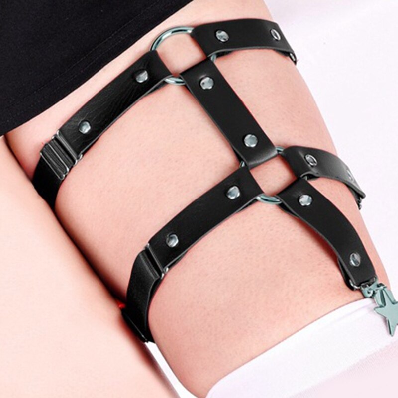 Girl Leg Chain Punk Leg Garter Belt Thigh Chains Black Body Chain Festival Rave Body Chain with Five-pointed Star Decor