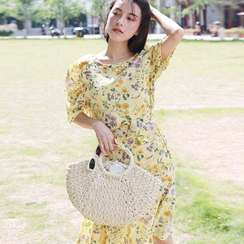 Handmade Bag Women Pompon Beach Weaving Ladies paper Straw Bag Wrapped Beach Bag Moon shaped Bag