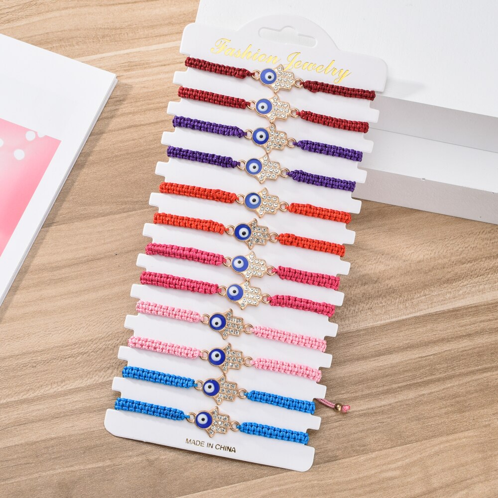 Pulseira feminina de 12 fábricas, bracelete trançado ajustável, corrente, azul turco, mau olhado strass