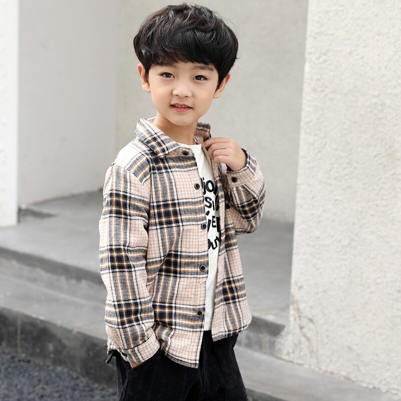 Jongens 4-12 Y Lange Mouwen Turn-Down Kraag Plaid Shirts Letters Patroon Warme Fleece Lente Herfst blouses Shirts