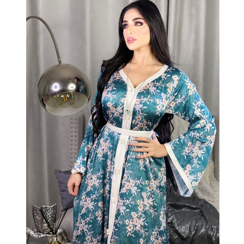 AB030 Luxe Jurk Sky Blue Abaya Soiree Moslim Vrouw Dubai Islamitische Kleding World Kleding Winkel Turkse Mooie Print Flora