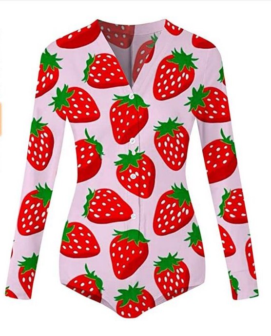 Women V-neck Long Sleeve Jumpsuit Casual Tight Strawberry Print Elastic Slim Jumpsuit Spring Autumn: Strawberry / M