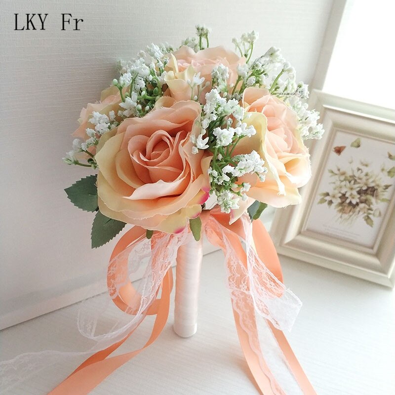 Lky fr bryllupsbukett brudepike brudebukett kunstige roser hvit silke blomster jente bukett bryllupstilbehør hjemmeinnredning: Ferskenbukett