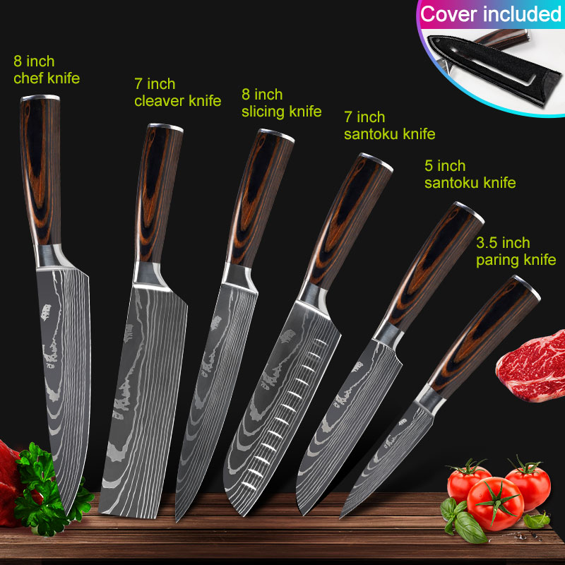 Köksknivar set kockknivar rostfritt stål imitation damaskus mönster santoku klyv skärning verktygsknivar: 6 st sats a