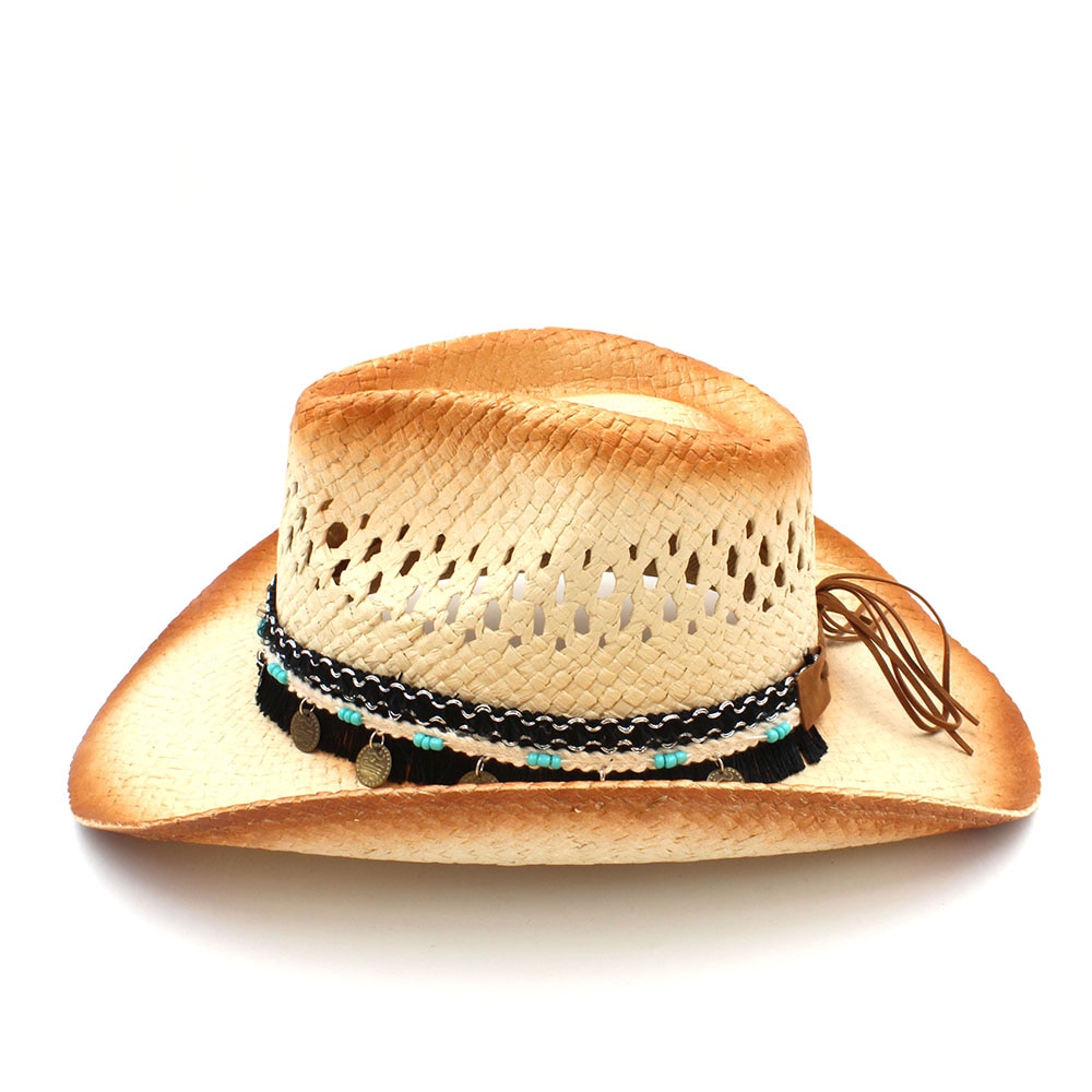 100%  dames heren western cowboyhoed met assel lint stro dame vader strand zon sombrero pet mesh cowgirl jazz hoed maat 58cm