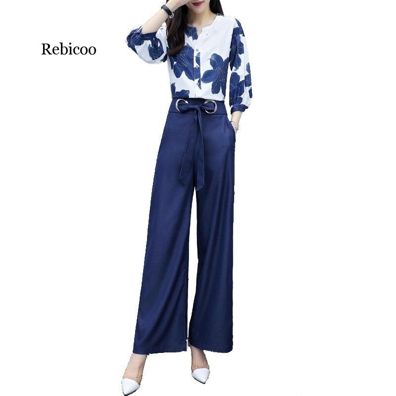 Primavera verão chiffon floral impressão de duas peças define mulheres blusas e calças largas perna ternos elegante moda escritório senhoras outfits