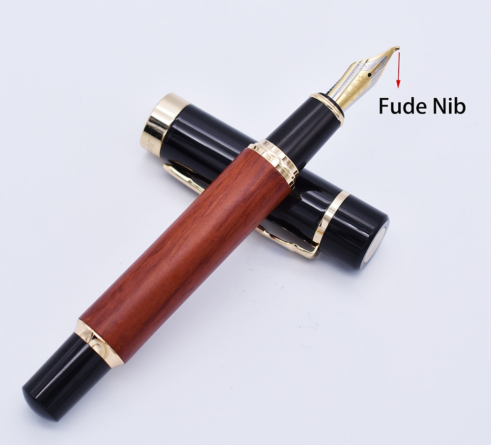 Jinhao Calligraphy Fountain Pen Bent Nib Natural Redwood Barrel, Fude Nib Big Size Writing Pen for Office School Home