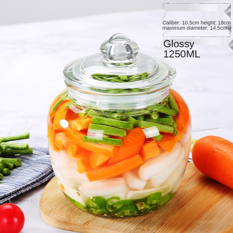 Korea Glass Container Kimchi Jar Kitchen Thickened Pickled Cans Household Pickled Pickles Cylinder Sealed Cans jars and lids: Glossy1250ml