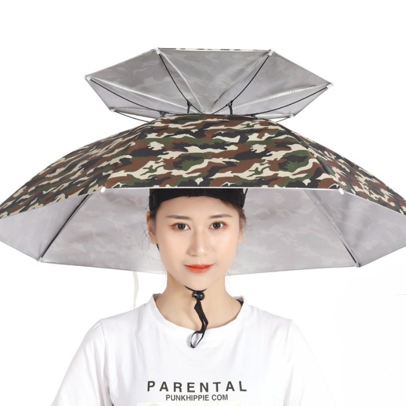 Dubbellaagse opvouwbare parapluhoed voor buiten, zonnescherm, UV-bescherming, zonnebrandcrème, waterdichte vishoed, geschikt voor buiten kamperen: Rood