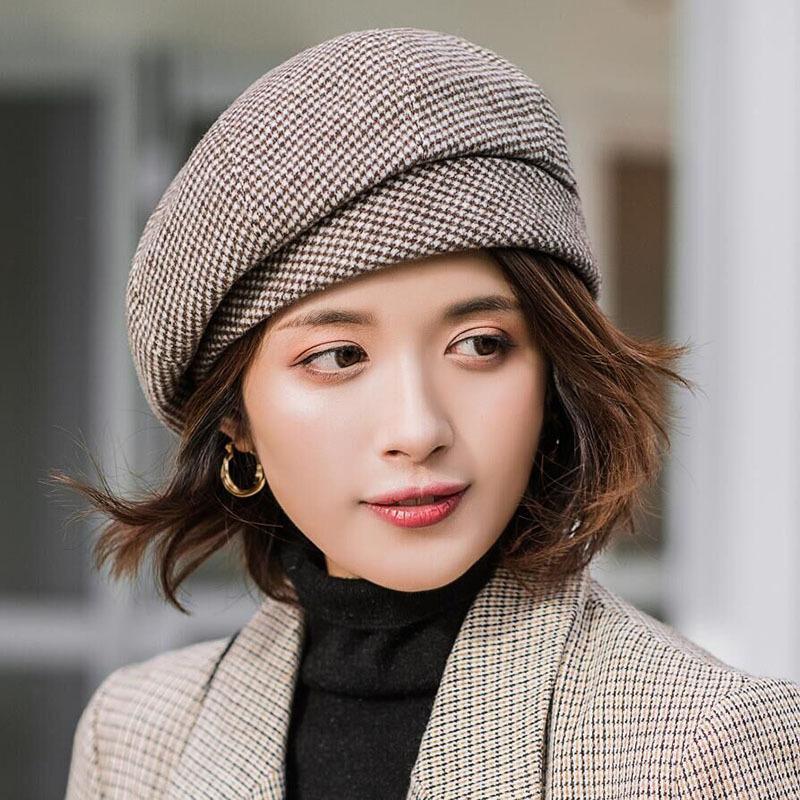 Herfst Winter Hoeden Vintage Houndstooth Baret Vrouwen Cap Dames Katoen Hoed Versie Retro Achthoekige Cap Ritish Schilder Caps: Bruin