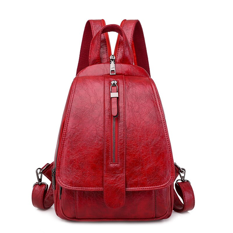 Vintage Women Backpack for Ladies Travel Back Bag Chest Shoulder Bag Good Oil Wax PU Leather Female Backbag Mochila: Red-1