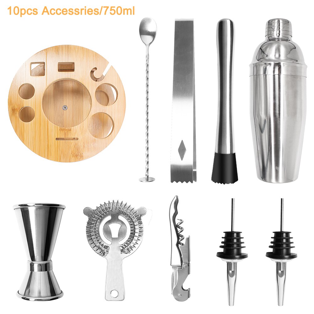 Juego de coctelería de acero inoxidable, mezclador de vino de 750ML con Base giratoria de bambú, herramientas de Bar, accesorios de , 12 Uds.: 10pcs-750ml