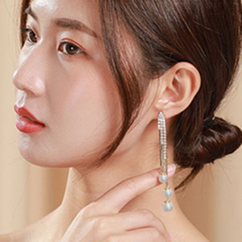 Trend Simulatie Pearl Lange Oorbellen Voor Vrouwen Geometrie Bruiloft Hanger Oorbellen Koreaanse Sieraden Goede Oorbellen