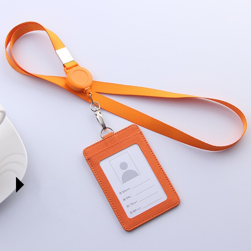 PU Leather Lanyard retractable badge holder ID card holder school lanyards id badge holder horizontal badge holder transparent: orange-Vertical
