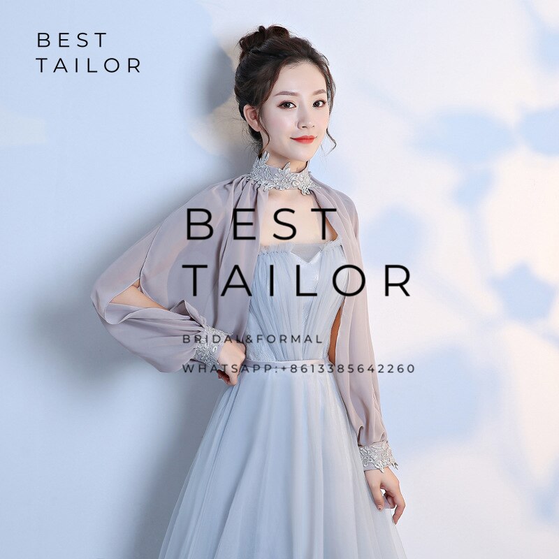 Kleuren beschikbaar! ivoor chiffon bruidsjassen bolero bruidsmeisjesjurken hoge hals split lange mouwen bruiloft accessoires: Grijs