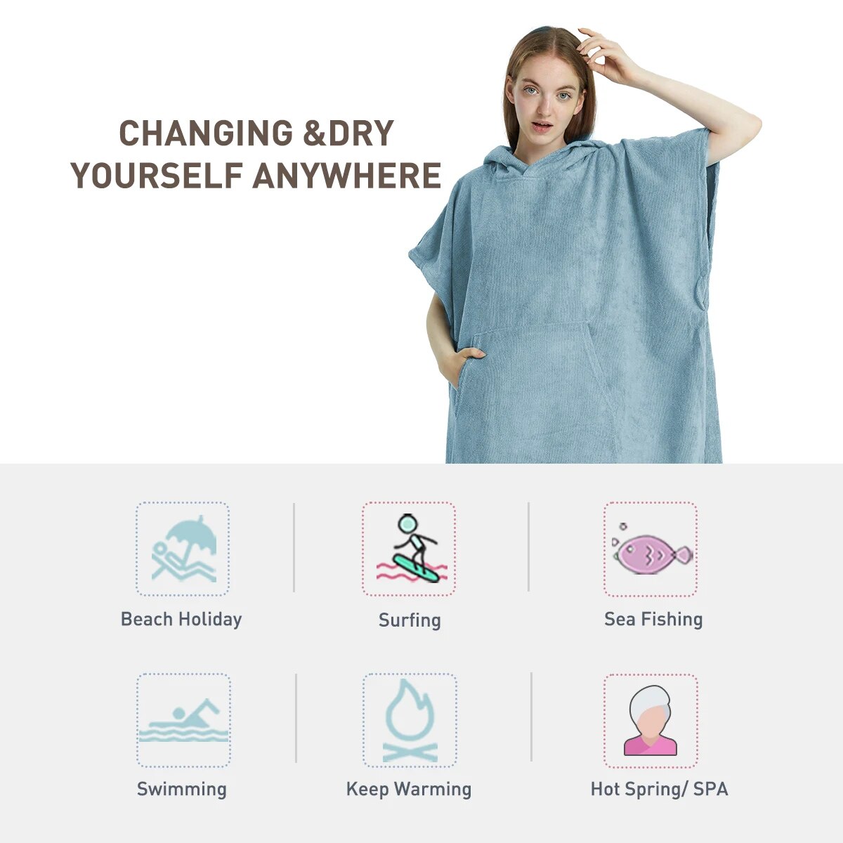 Surfen-Poncho, Handtuch-Poncho, schnell trocknendes Handtuch, Kapuzenpullover, Mikrofaser, Strandmantel, Wickelponcho, Badetuch, Strandponcho für Erwachsene