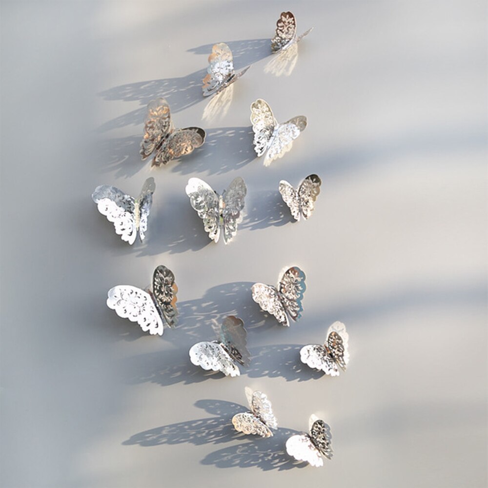 12pcs/set Hollow 3D Butterfly Wall Sticker for Wedding Decoration living room window Home Decor Gold silver Butterflies stickers: Silver A