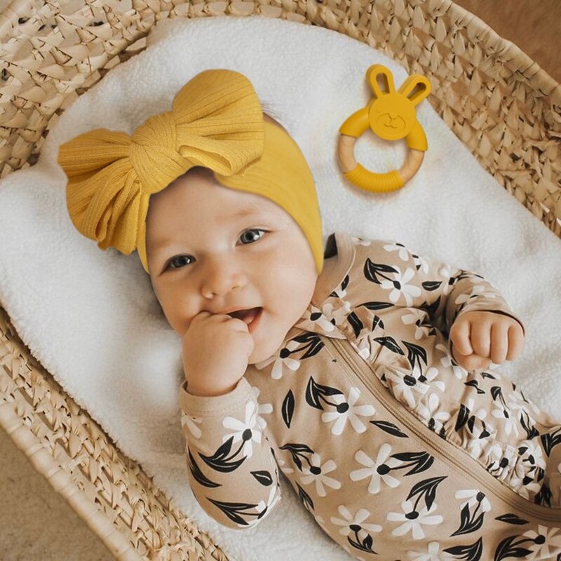 2pcs Baby Hair Band Cute Bow Baby Girl Headband Baby Teether Elastic Bowknot Newborn Hair Band Turban Set Baby Hair Accessories