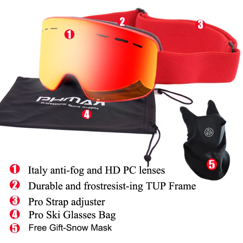 Phmax merkevare 6 farger skibriller dobbeltlag  uv400 anti-tåke butikk skimaske briller ski menn kvinner snøbrettbriller