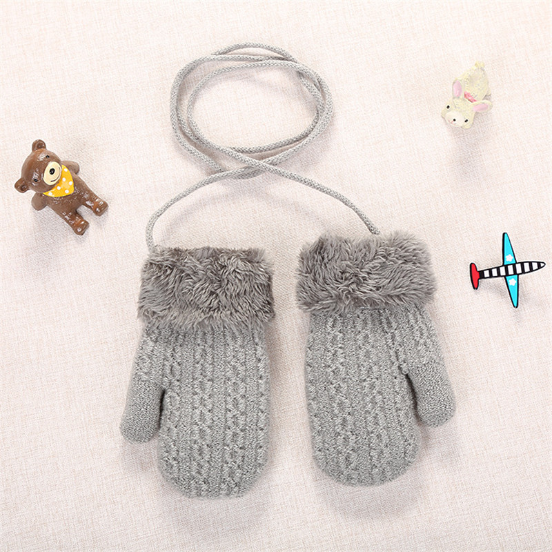 Baby Winter Knitted Warm Gloves With Rope Children Kids Infants Patchwork Outdoor Mittens Wool Plush Thick Gloves: Light gray