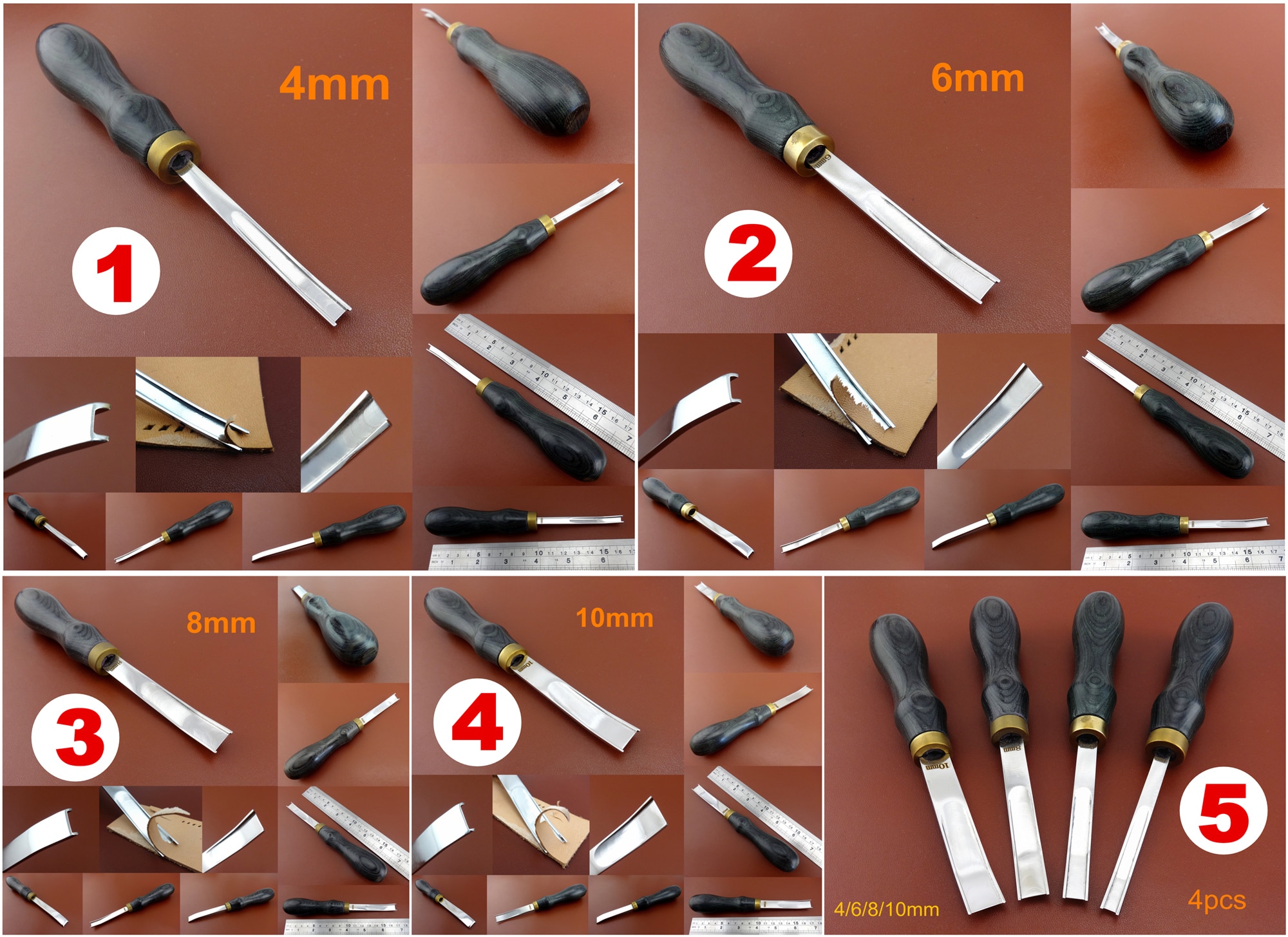 Biseladora de bordes para artesanía en cuero, estilo francés, desbastadora, gubia, herramienta 5 corte: cuchillo, cortador, punzón, cincel, punzón de hierro.