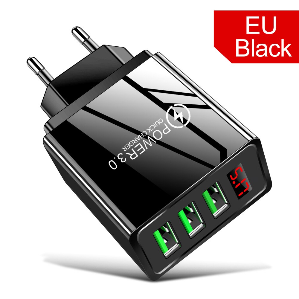 3 Ports USB Charger Quick Charge 3.0 EU US Plug LED Display Fast Charging Smart Mobile Phone Charger For iPhone Samsung Xiaomi: EU Black